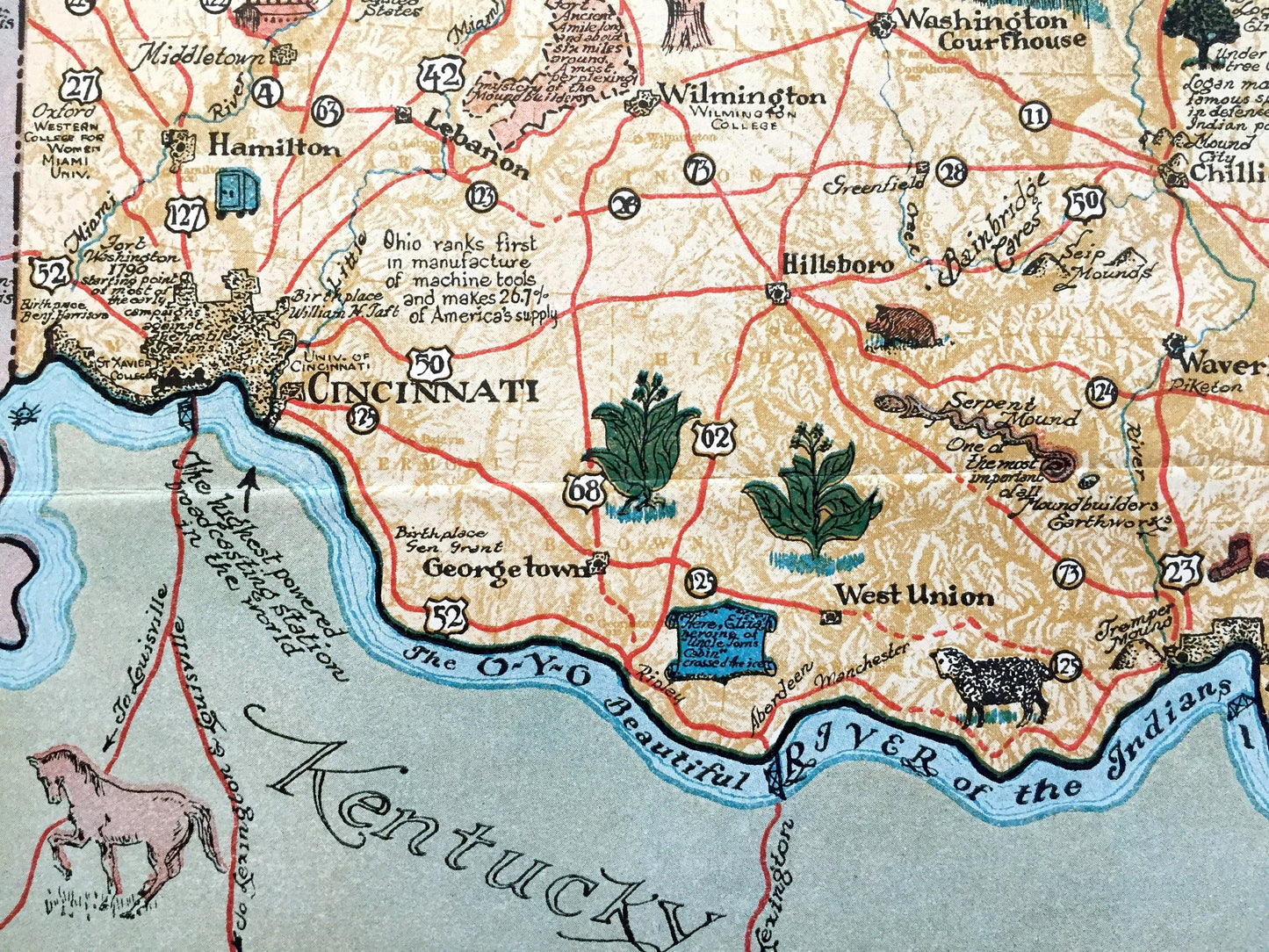 Antique 1934 Ohio State Cartographic Centennial Map – Columbus, Cleveland, Cincinnati, Akron, Dayton, Toledo, Chagrin Falls, Youngstown, OH