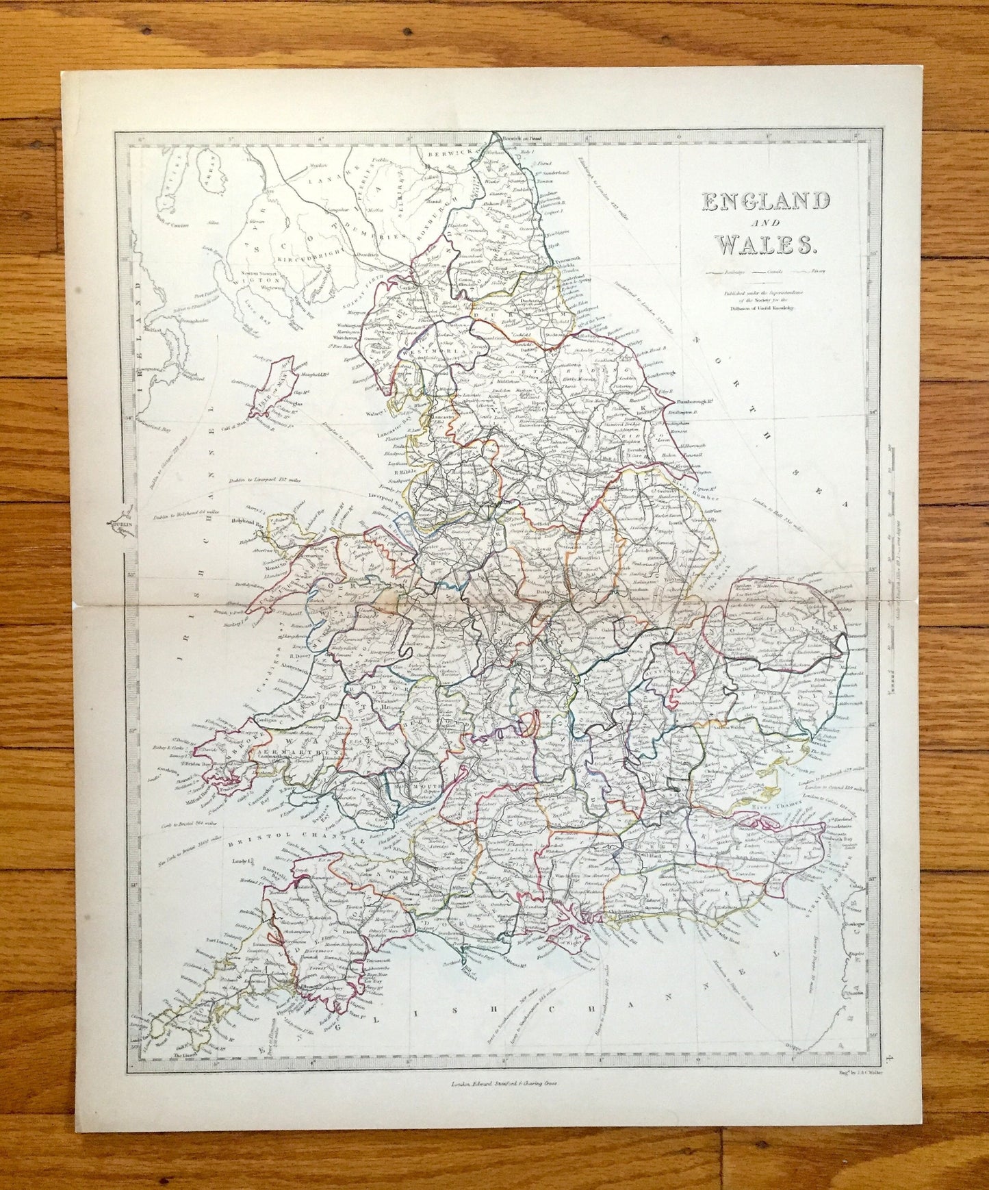 Antique 1844 England & Wales Map from SDUK Atlas – United Kingdom, Great Britain, British Isles, Scotland, London, Manchester, Liverpool, UK