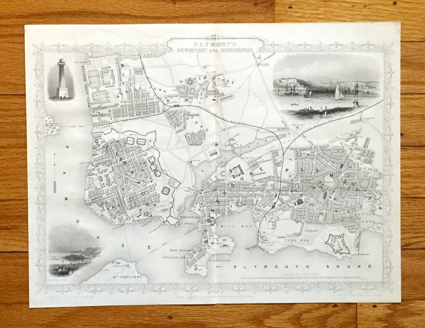 Antique 1851 Plymouth, England Map by John Rapkin from Tallis Atlas – Exeter, Devonport, Stonehouse, Devon County, Great Britain, UK