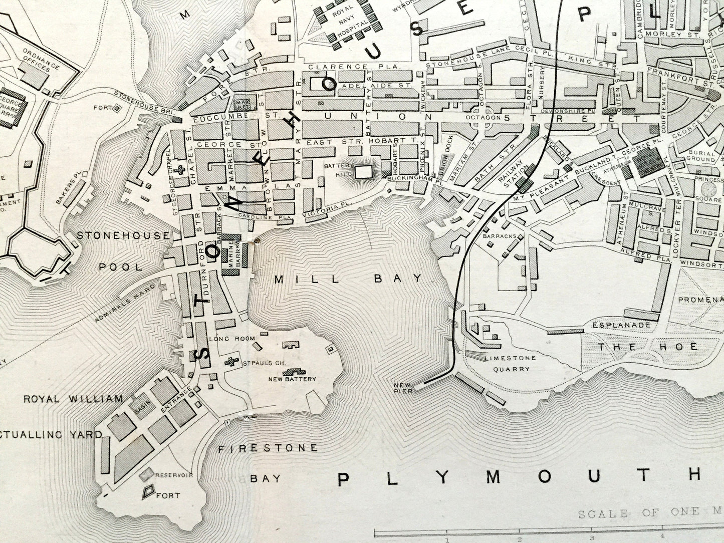 Antique 1851 Plymouth, England Map by John Rapkin from Tallis Atlas – Exeter, Devonport, Stonehouse, Devon County, Great Britain, UK
