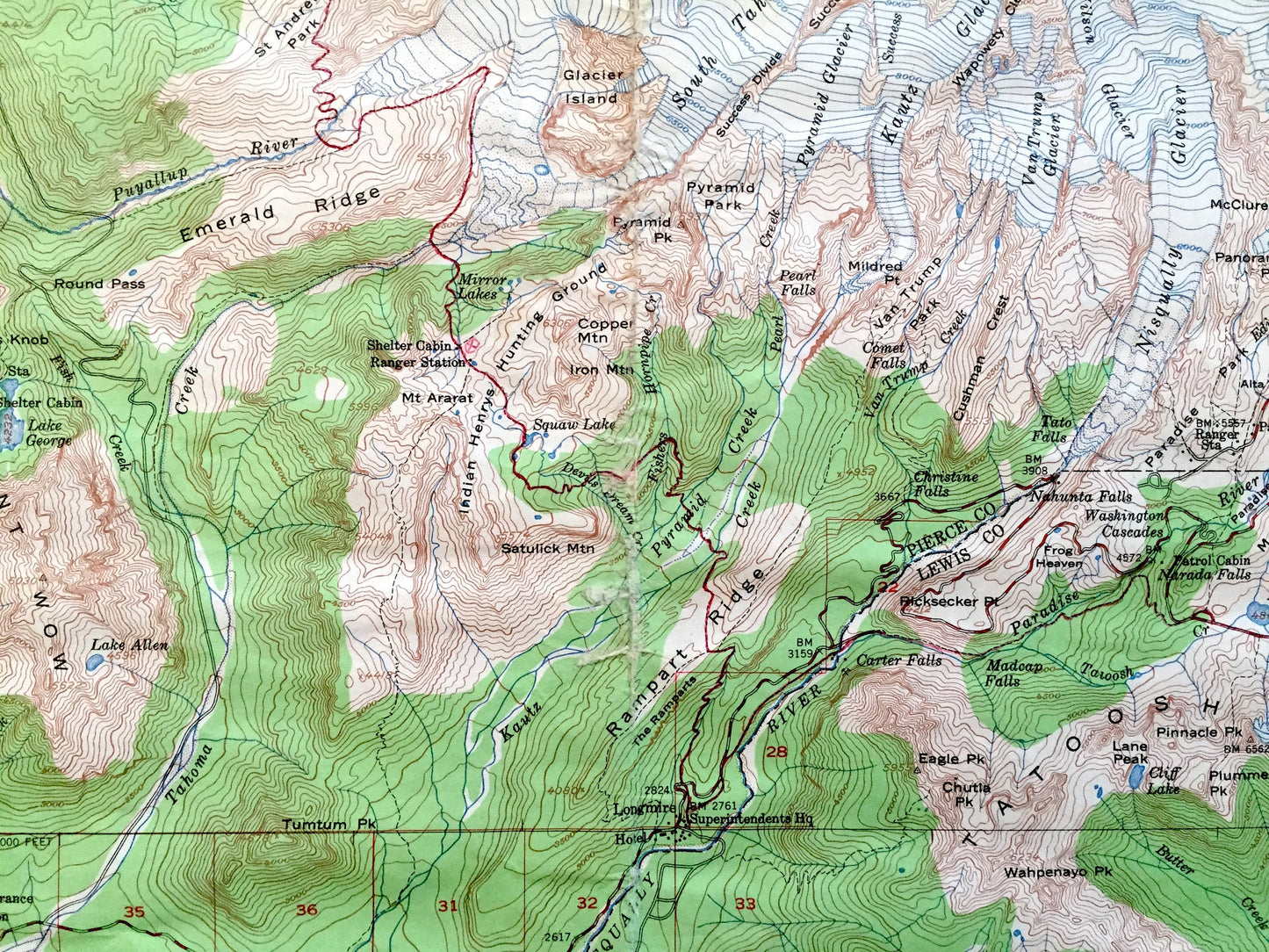Antique Mt Rainier National Park 1955 US Geological Survey Topographic Map – Pierce County, Cascade Range, Emerald Ridge, Winthrop Mount, WA