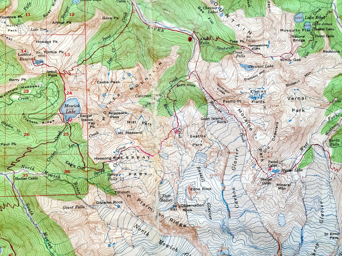 Antique Mt Rainier National Park 1955 US Geological Survey Topographic Map – Pierce County, Cascade Range, Emerald Ridge, Winthrop Mount, WA