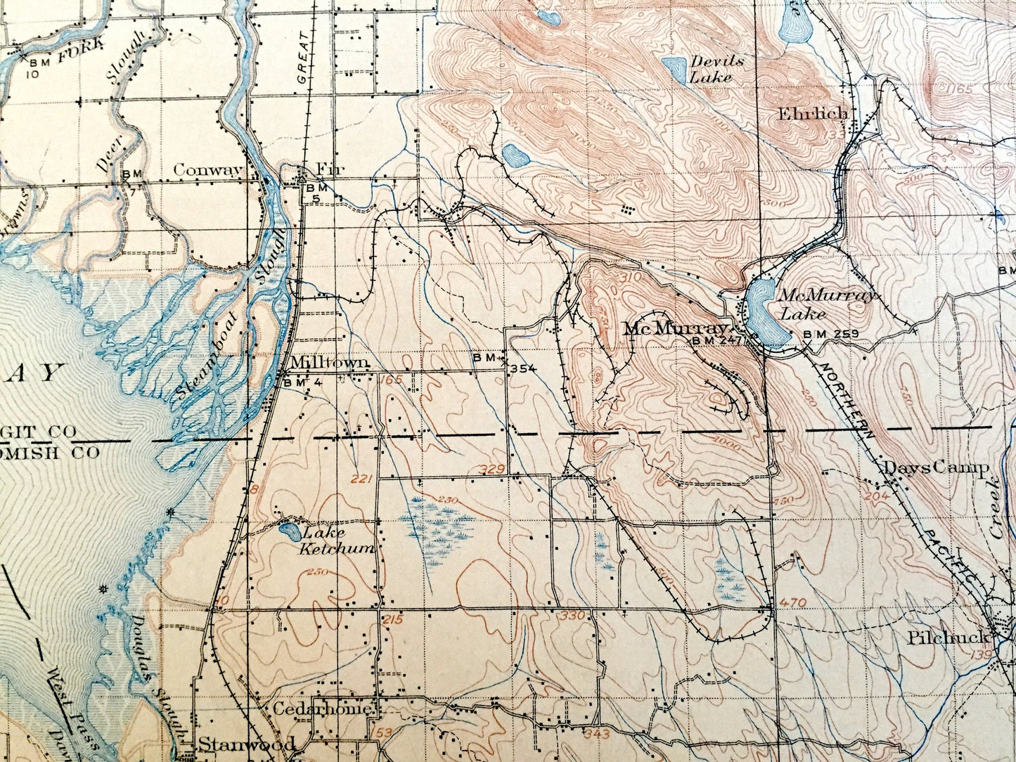 Antique Mount Vernon, Washington 1911 US Geological Survey Topographic Map – Snohomish, Island, Skagit County, Stanwood, Tulalip, Everett WA