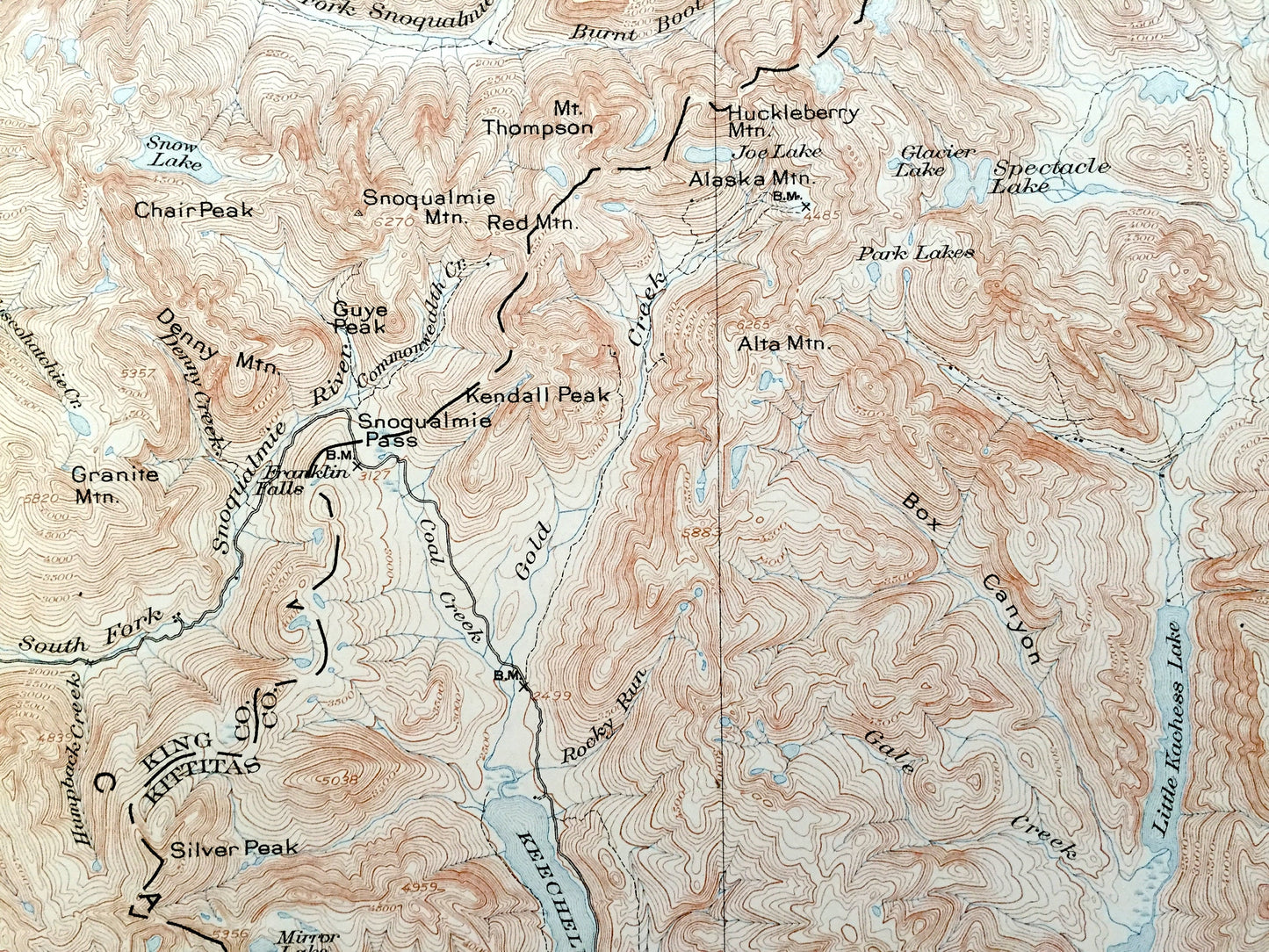Antique Snoqualmie, Washington 1903 US Geological Survey Topographic Map – King County, Cascade Range, Yakima River, Keechelus Lake, Easton