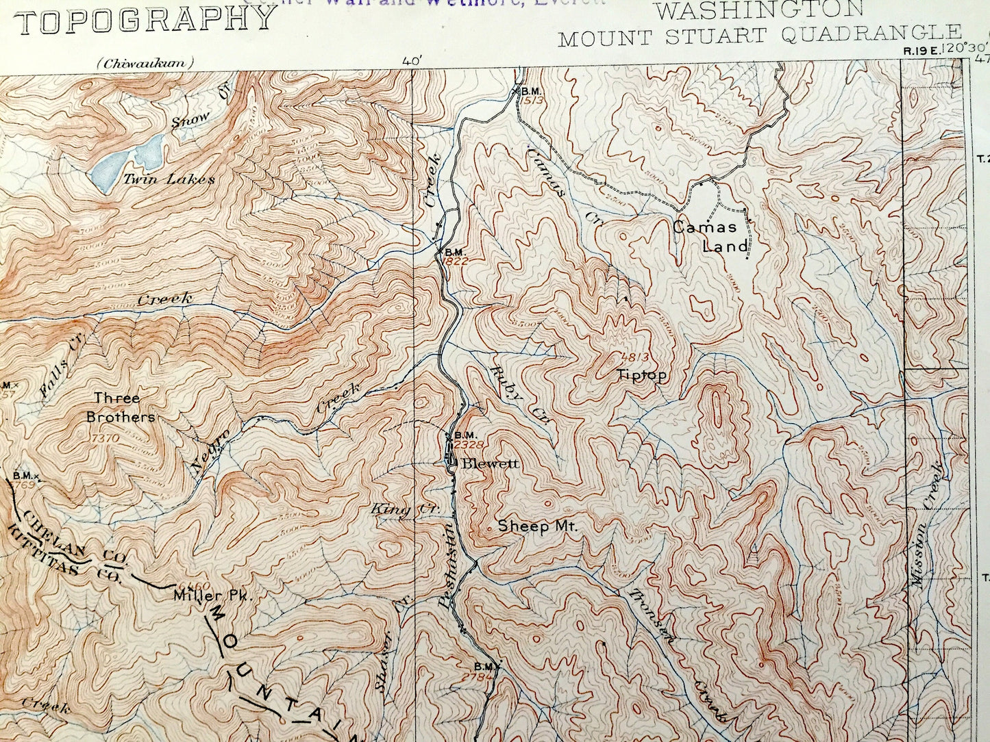 Antique Mount Stuart, Washington 1902 US Geological Survey Topographic Map – Kittitas, Chelan County, Teanaway, Roslyn, Meaghersville, WA