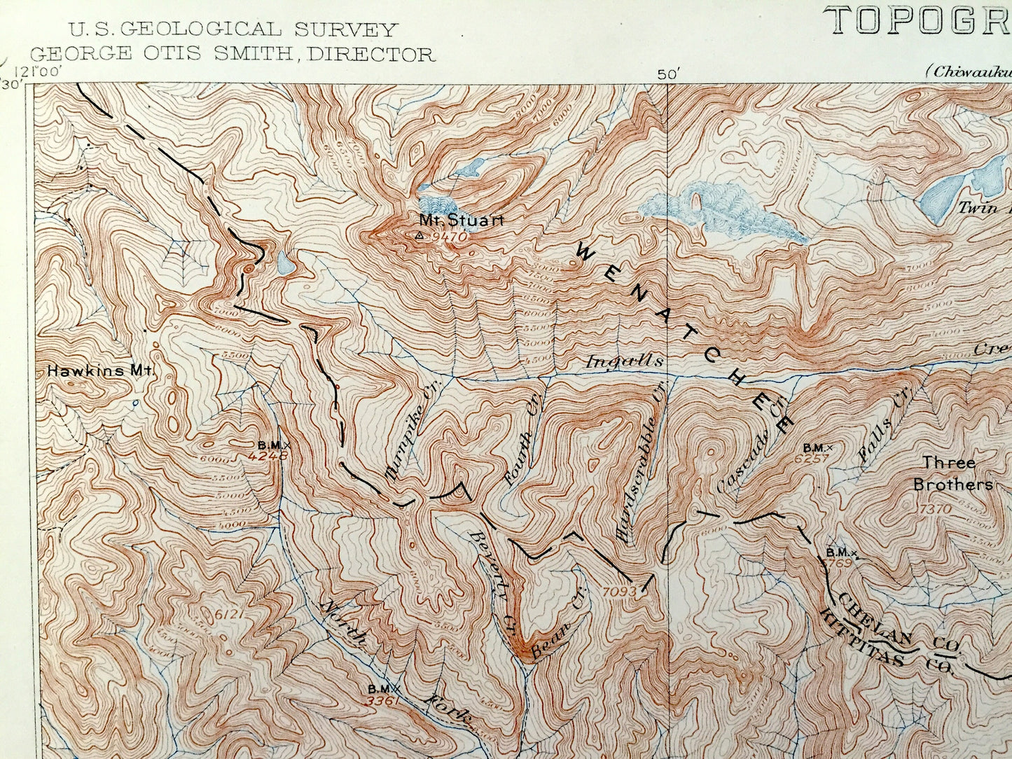 Antique Mount Stuart, Washington 1902 US Geological Survey Topographic Map – Kittitas, Chelan County, Teanaway, Roslyn, Meaghersville, WA