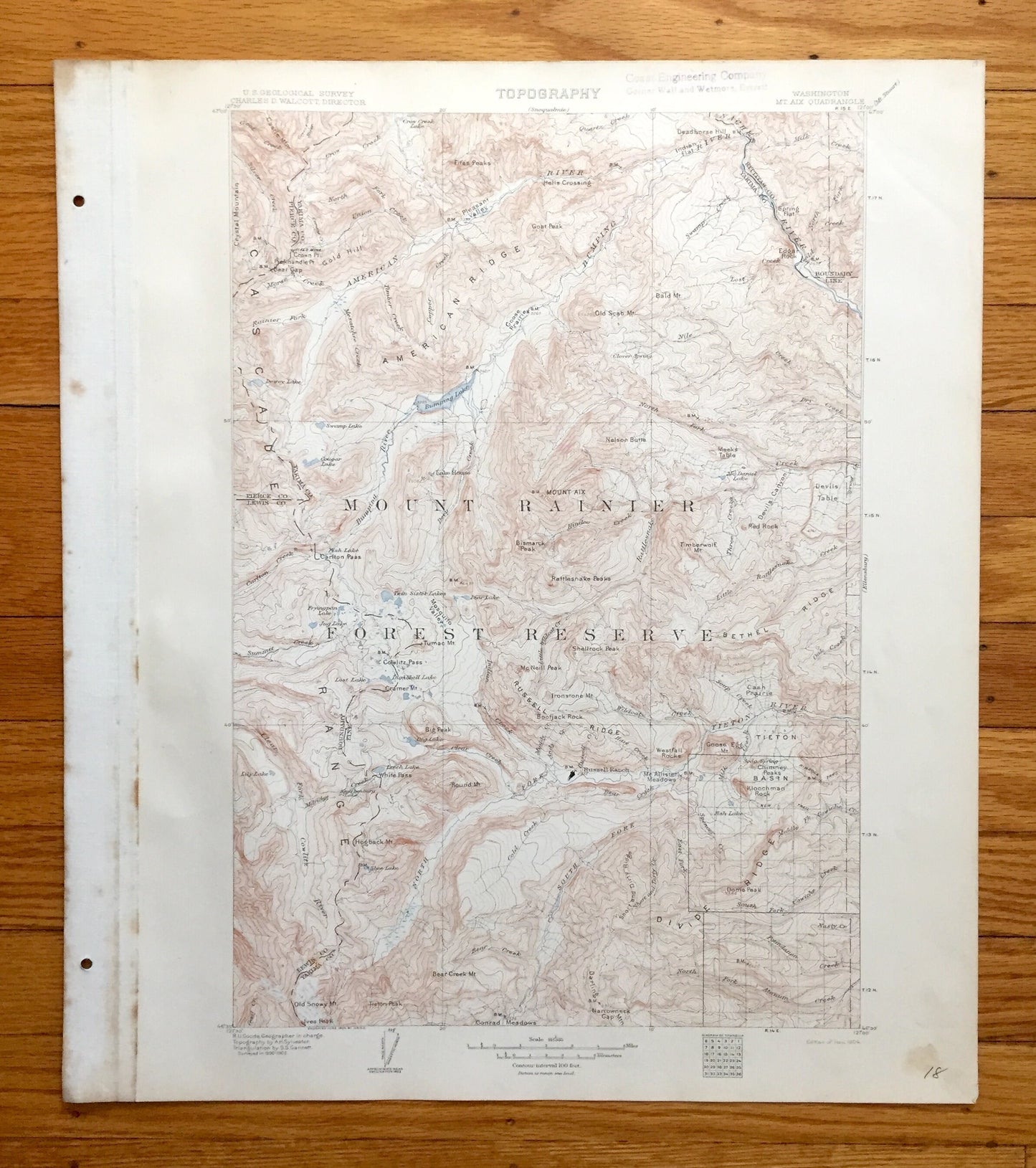 Antique Mount Aix, Washington 1904 US Geological Survey Topographic Map – Yakima County, Cascade Range, Bumping, Goat Peak, Mt Rainier, WA