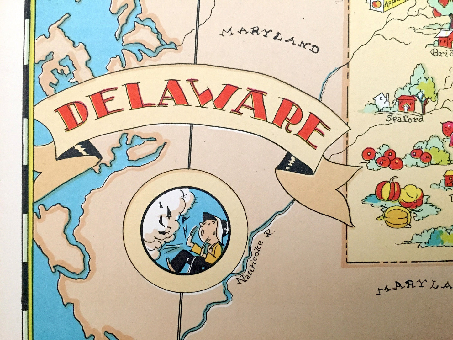 Antique 1935 Delaware State Map from Our Gay Geography by Ruth Taylor – Wilmington, Dover, Rehoboth, Newark, Bear, Bethany Beach, Lewes, DE