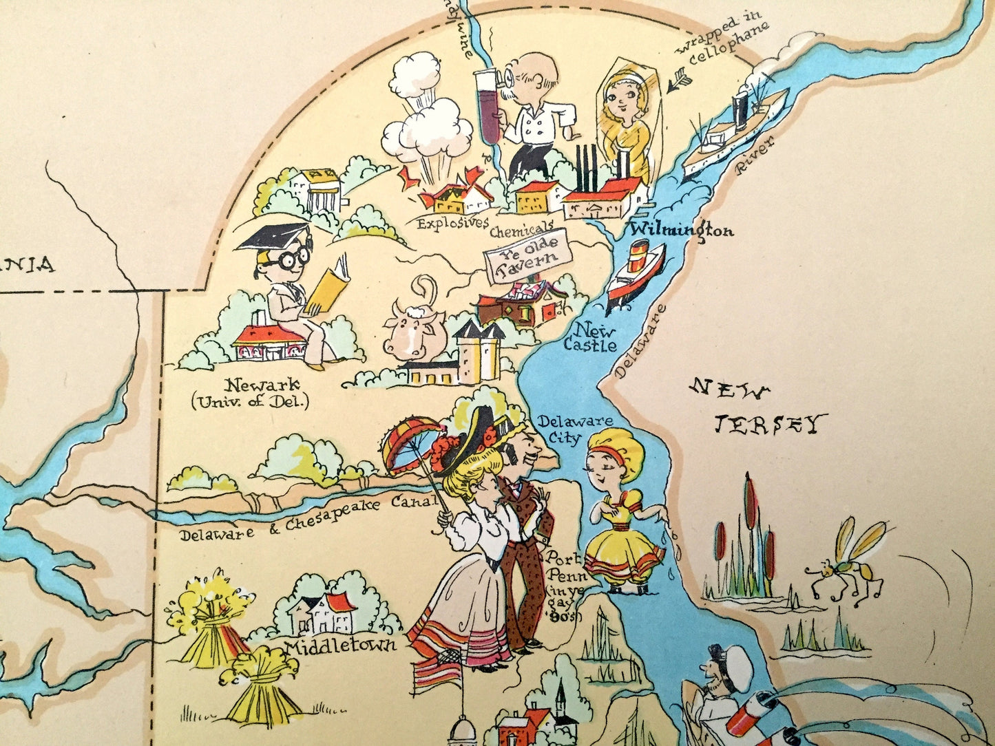 Antique 1935 Delaware State Map from Our Gay Geography by Ruth Taylor – Wilmington, Dover, Rehoboth, Newark, Bear, Bethany Beach, Lewes, DE