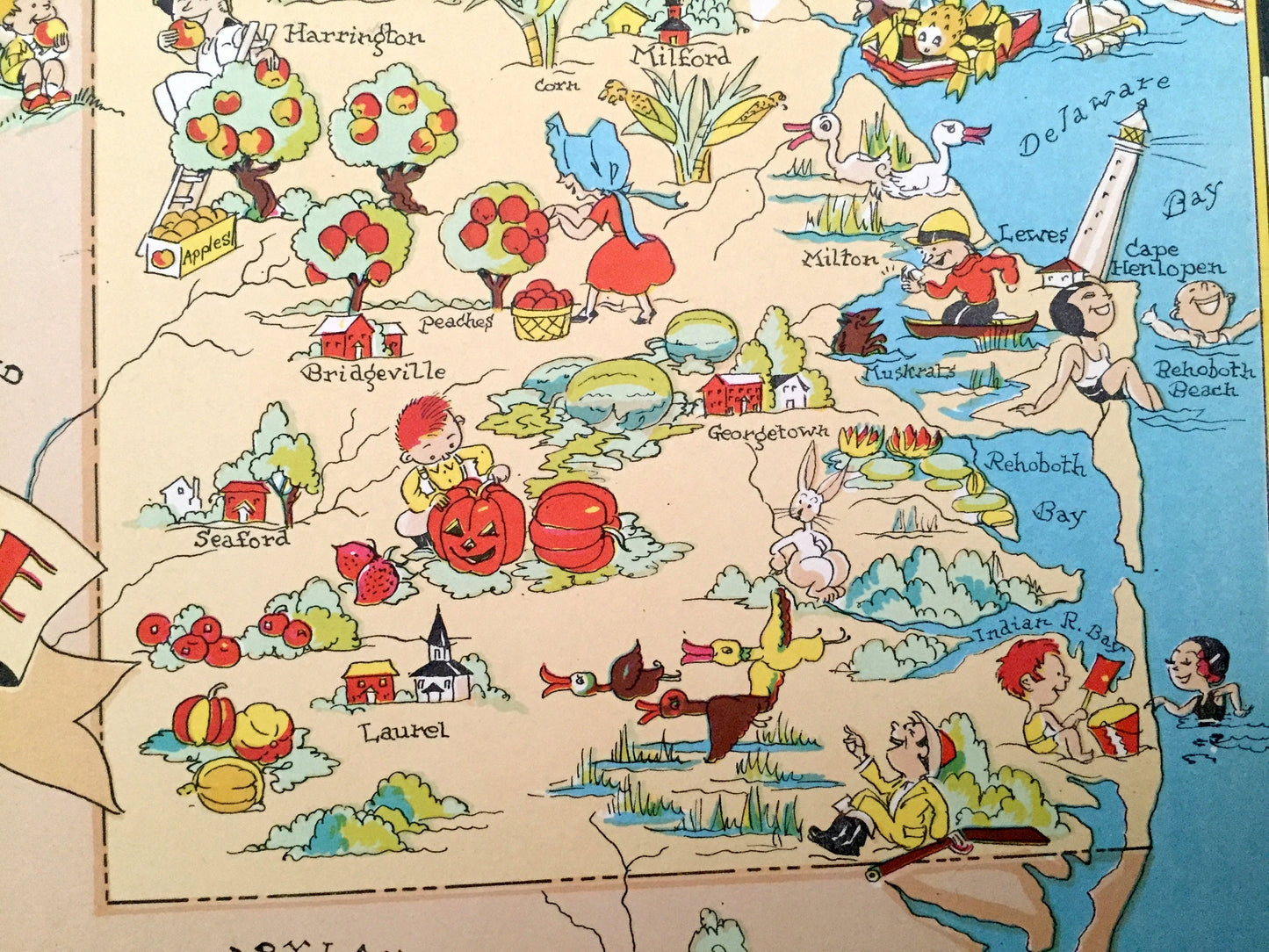 Antique 1935 Delaware State Map from Our Gay Geography by Ruth Taylor – Wilmington, Dover, Rehoboth, Newark, Bear, Bethany Beach, Lewes, DE