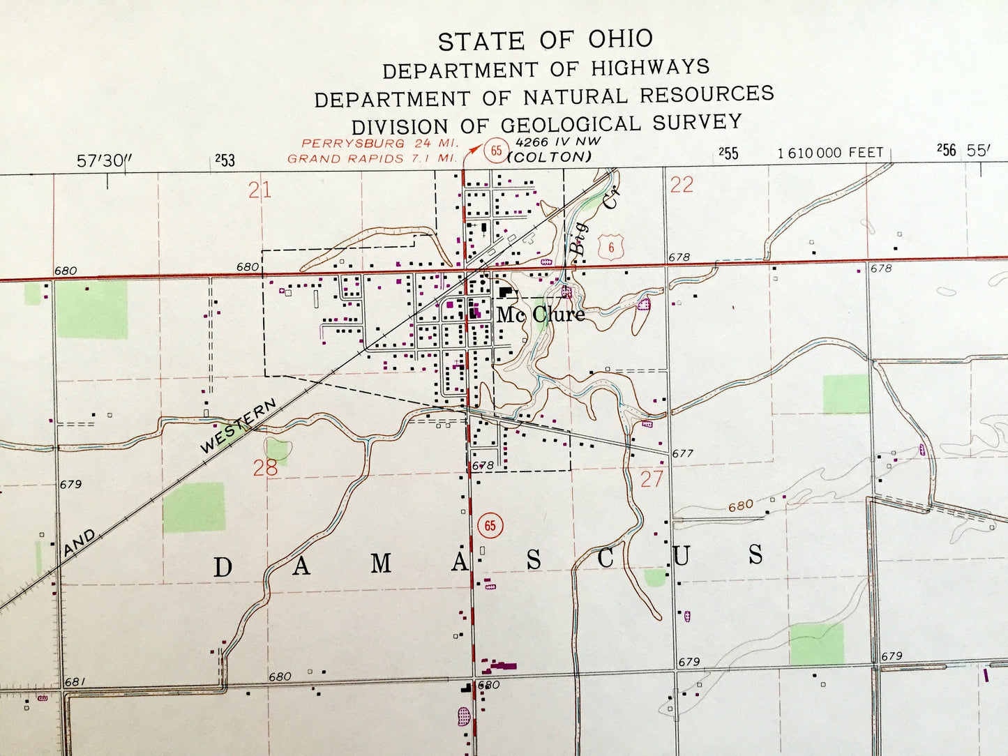 Antique McClure, Ohio 1960 US Geological Survey Topographic Map — Henry, Wood County, Damascus, Weston Grand Rapids, Richfield, Milton, OH