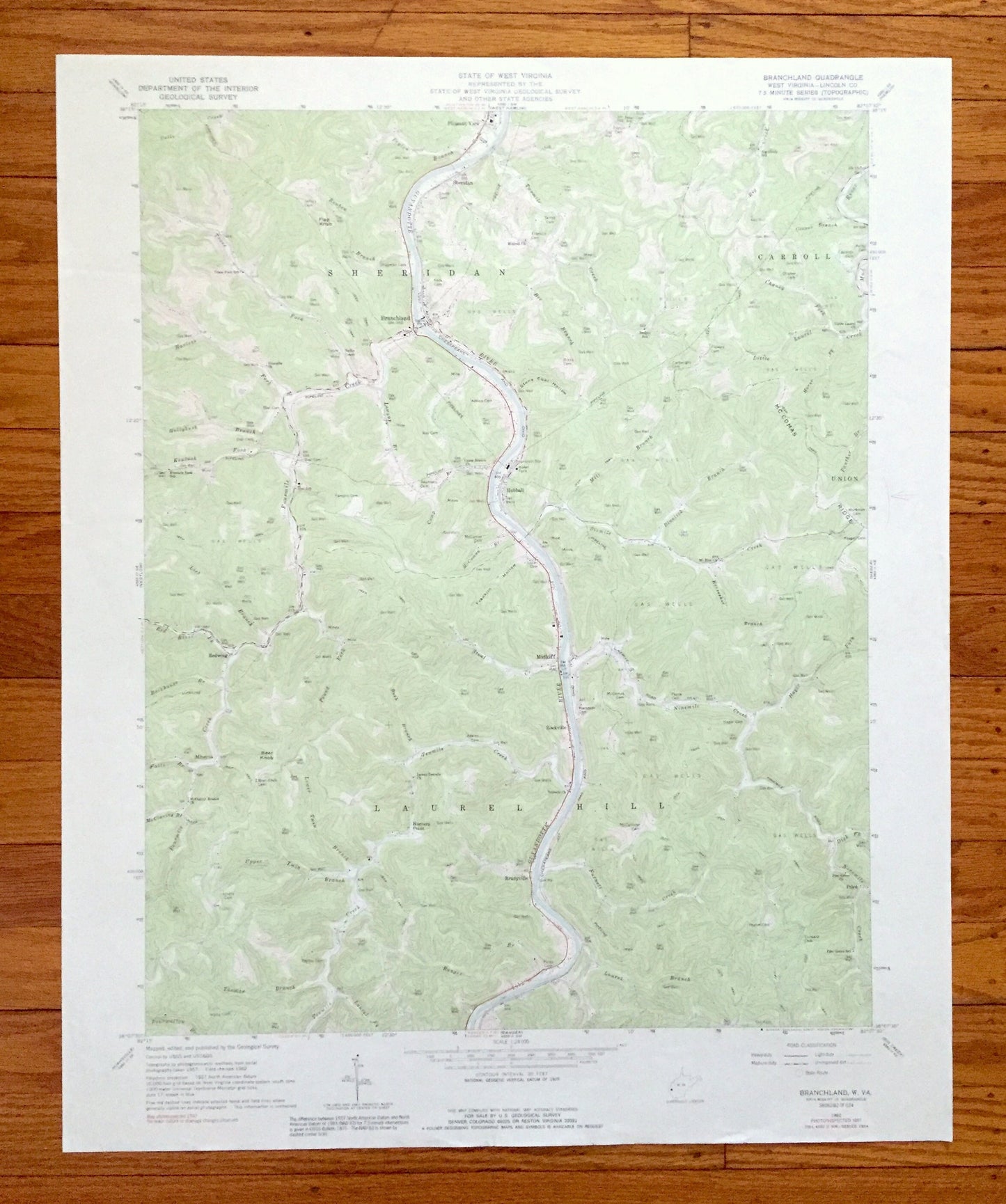 Antique Branchland, West Virginia 1962 US Geological Survey Topographic Map — Lincoln County, Sheridan, Carroll, Laurel Hill, Hubball, WV