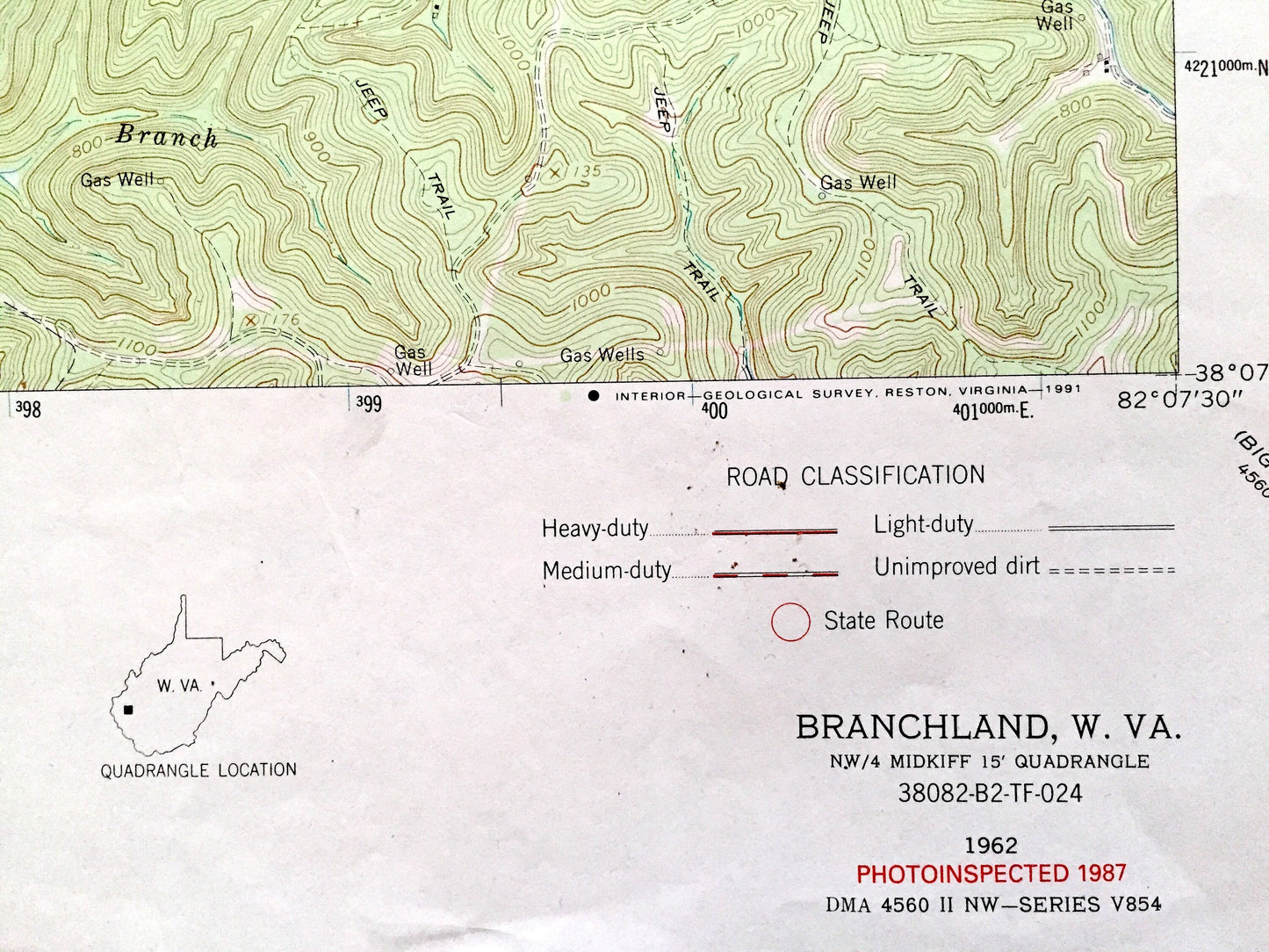 Antique Branchland, West Virginia 1962 US Geological Survey Topographic Map — Lincoln County, Sheridan, Carroll, Laurel Hill, Hubball, WV