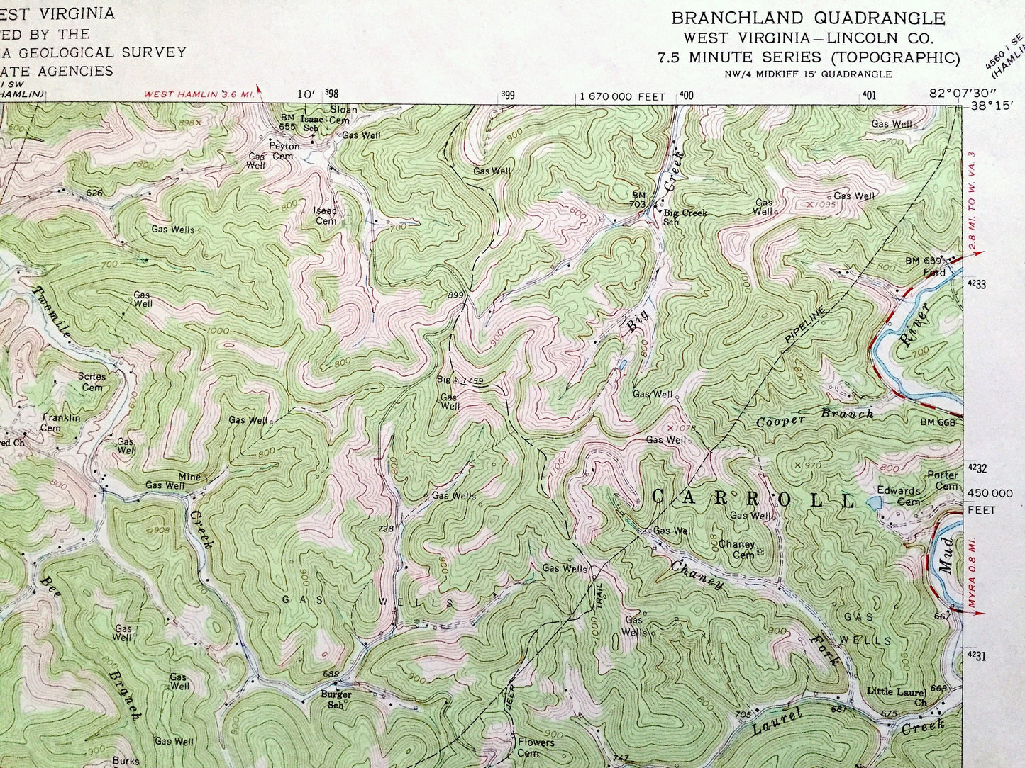 Antique Branchland, West Virginia 1962 US Geological Survey Topographic Map — Lincoln County, Sheridan, Carroll, Laurel Hill, Hubball, WV