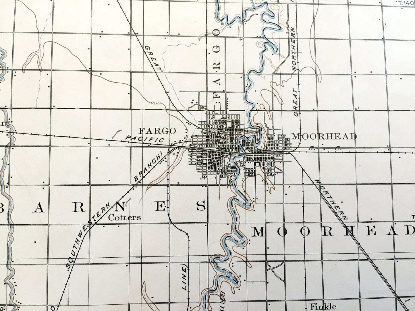 Antique Fargo, North Dakota 1894 US Geological Survey Topographic Map – Moorhead, Minnesota, Cass, Richland, Clay, Wilkin County, MN ND