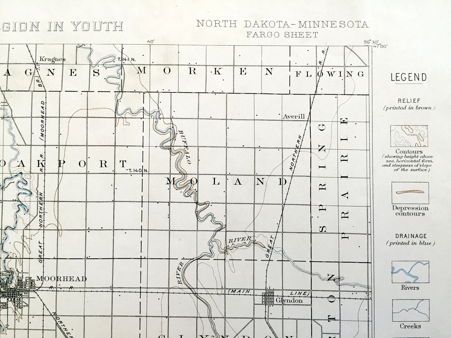 Antique Fargo, North Dakota 1894 US Geological Survey Topographic Map – Moorhead, Minnesota, Cass, Richland, Clay, Wilkin County, MN ND