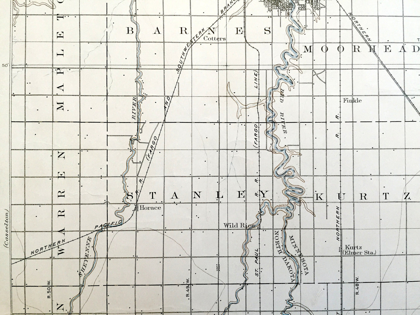 Antique Fargo, North Dakota 1894 US Geological Survey Topographic Map – Moorhead, Minnesota, Cass, Richland, Clay, Wilkin County, MN ND