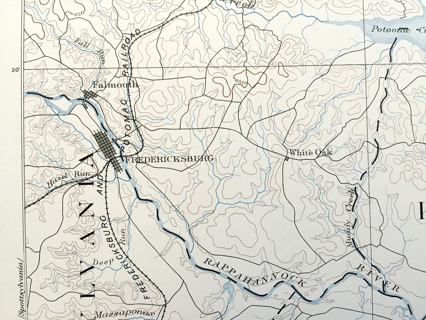 Antique Fredericksburg, Virginia 1887 US Geological Survey Topographic Map – Potomac, Port Royal, Bowling Green, Stafford, King George VA MD