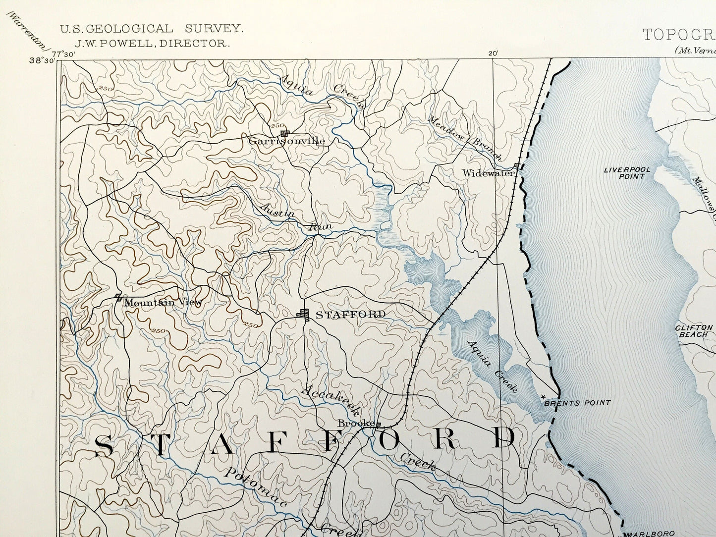 Antique Fredericksburg, Virginia 1887 US Geological Survey Topographic Map – Potomac, Port Royal, Bowling Green, Stafford, King George VA MD