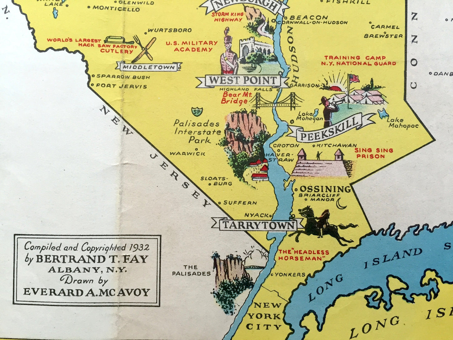 Antique 1932 New York State Pictorial Map by Everand A. McAvoy – Manhattan, Adirondacks, Catskills, Finger Lakes, Long Island, West Point NY
