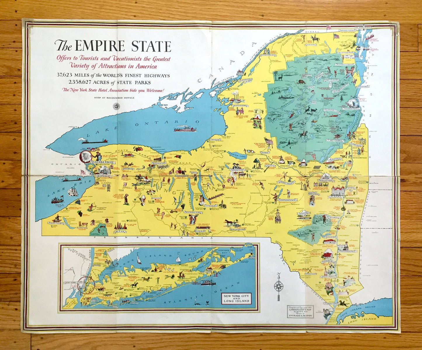 Antique 1932 New York State Pictorial Map by Everand A. McAvoy – Manhattan, Adirondacks, Catskills, Finger Lakes, Long Island, West Point NY