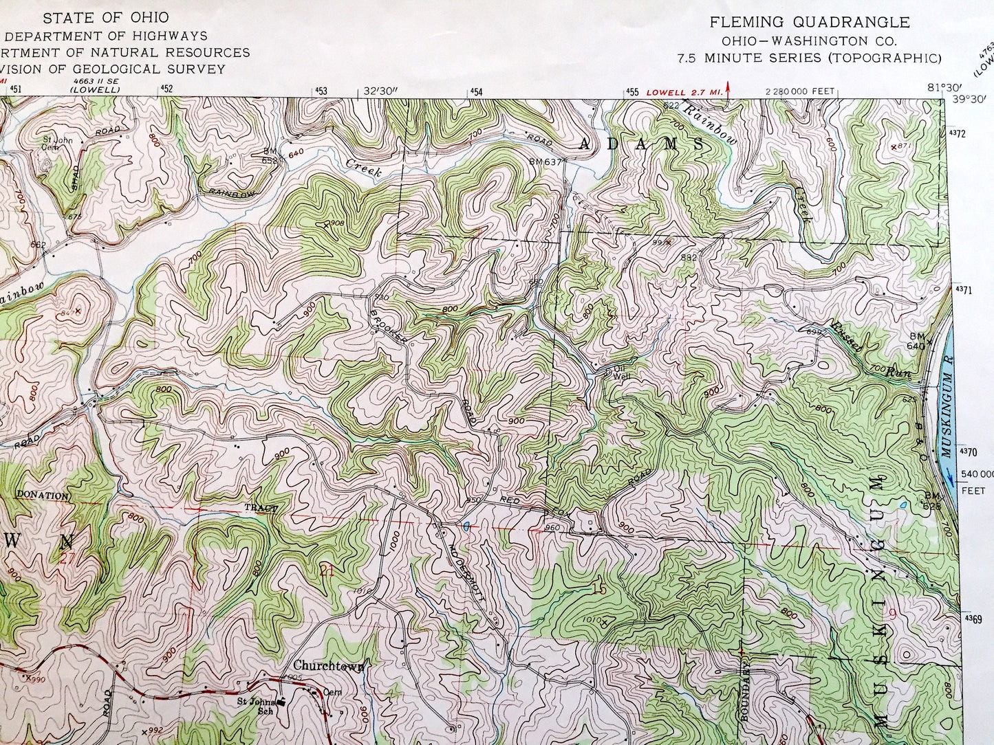 Antique Fleming, Ohio 1960 US Geological Survey Topographic Map — Washington County, Watertown, Adams, Muskingum, Barlow, Wayne, Warren, OH
