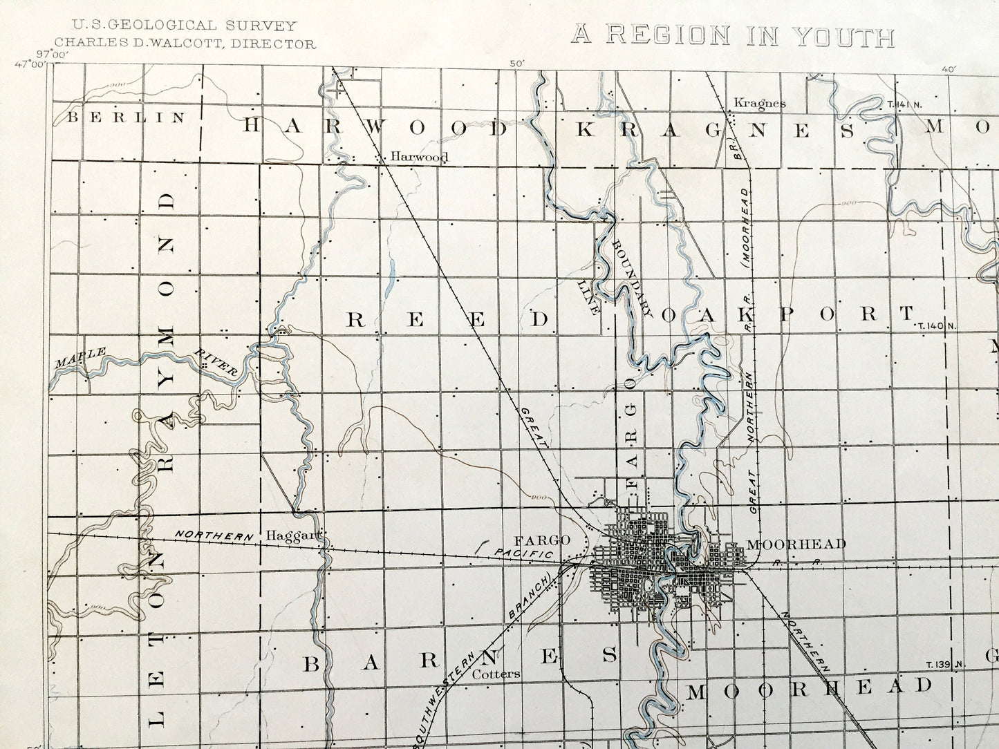 Antique Fargo, North Dakota 1894 US Geological Survey Topographic Map – Moorhead, Minnesota, Cass, Richland, Clay, Wilkin County, MN ND