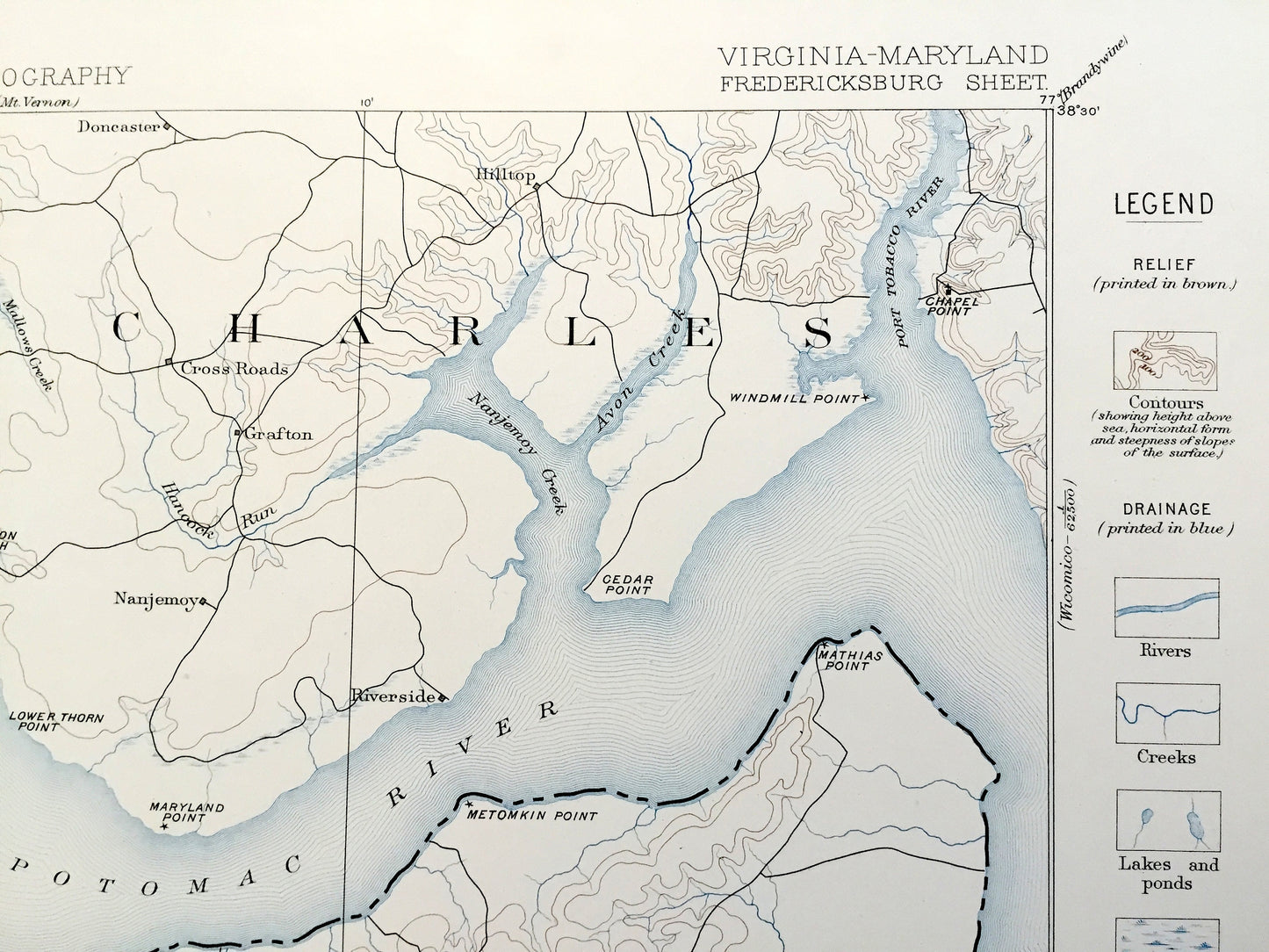 Antique Fredericksburg, Virginia 1887 US Geological Survey Topographic Map – Potomac, Port Royal, Bowling Green, Stafford, King George VA MD