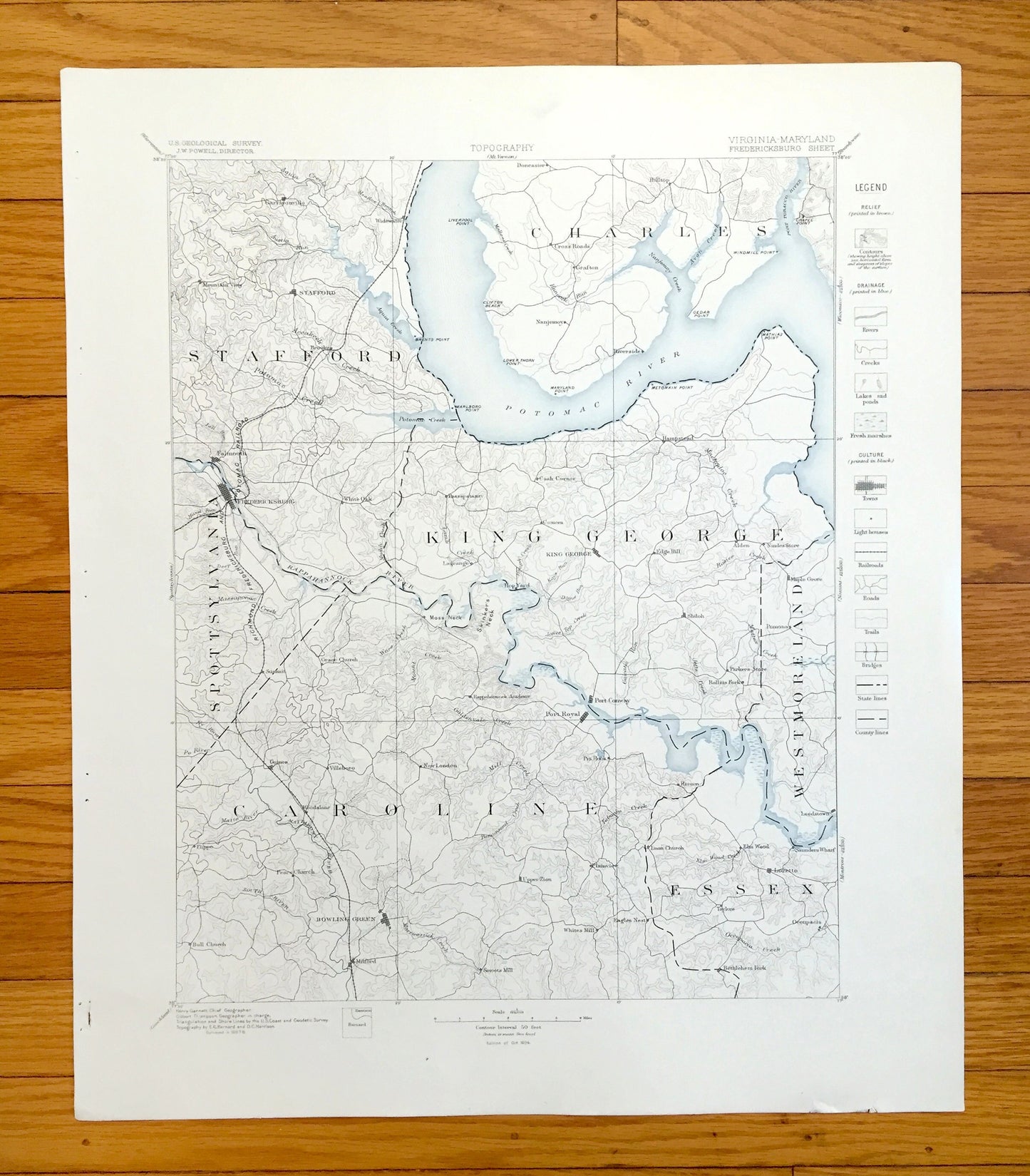 Antique Fredericksburg, Virginia 1887 US Geological Survey Topographic Map – Potomac, Port Royal, Bowling Green, Stafford, King George VA MD