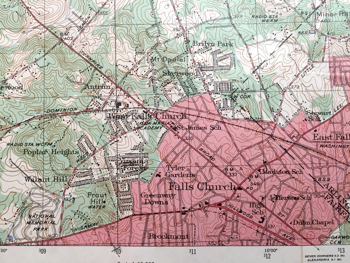 Antique Falls Church, Virginia 1949 US Geological Survey Topographic Map – Fairfax County, McLean, Cabin John, Vienna, Glen Echo Maryland VA