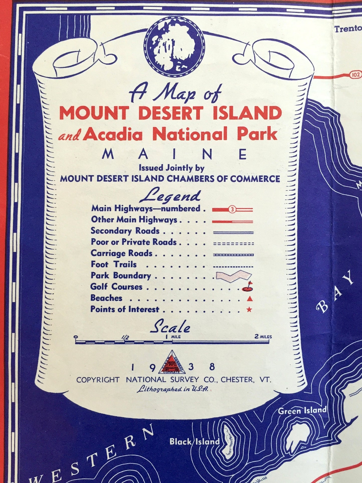 Antique Mount Desert Island, Maine 1938 US Geological Survey Topographic Map – Acadia National Park, Hancock County, Bar Harbor, Tremont, ME