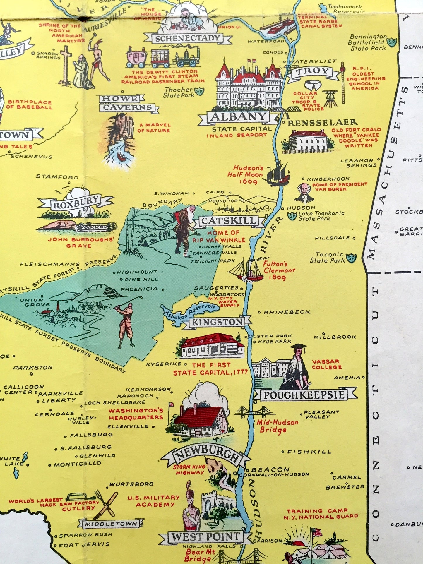 Antique 1932 New York State Pictorial Map by Everand A. McAvoy – Manhattan, Adirondacks, Catskills, Finger Lakes, Long Island, West Point NY