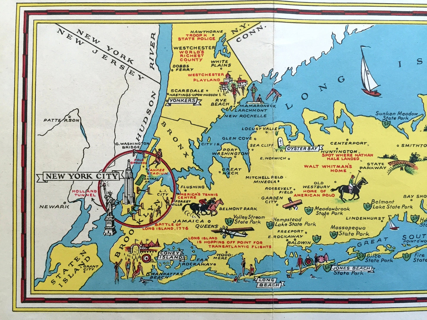 Antique 1932 New York State Pictorial Map by Everand A. McAvoy – Manhattan, Adirondacks, Catskills, Finger Lakes, Long Island, West Point NY