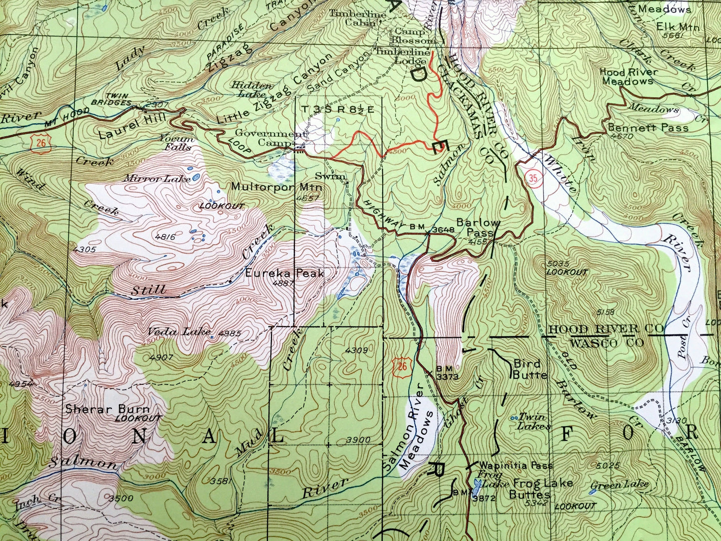 Antique Mount Hood, Oregon 1924 US Geological Survey Topographic Map – Multnomah, Clackamas, Wasco, Zigzag River, Cascade Range, OR, Mt