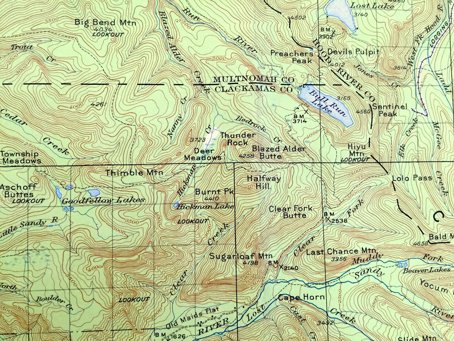 Antique Mount Hood, Oregon 1924 US Geological Survey Topographic Map – Multnomah, Clackamas, Wasco, Zigzag River, Cascade Range, OR, Mt