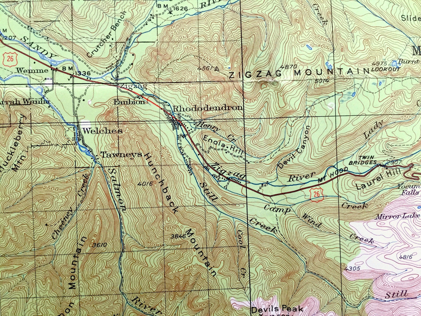 Antique Mount Hood, Oregon 1924 US Geological Survey Topographic Map – Multnomah, Clackamas, Wasco, Zigzag River, Cascade Range, OR, Mt