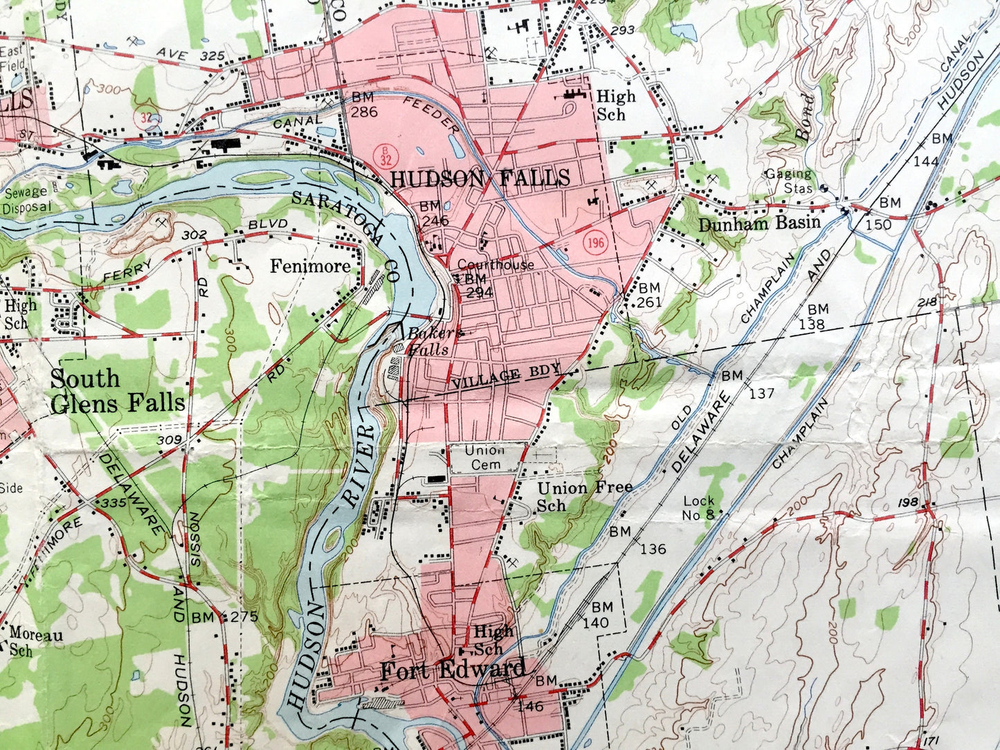 Antique Glens Falls, New York 1955 US Geological Survey Topographic Map – Adirondacks, Lake George, Hudson Falls, Caldwell, Fort Edward, NY