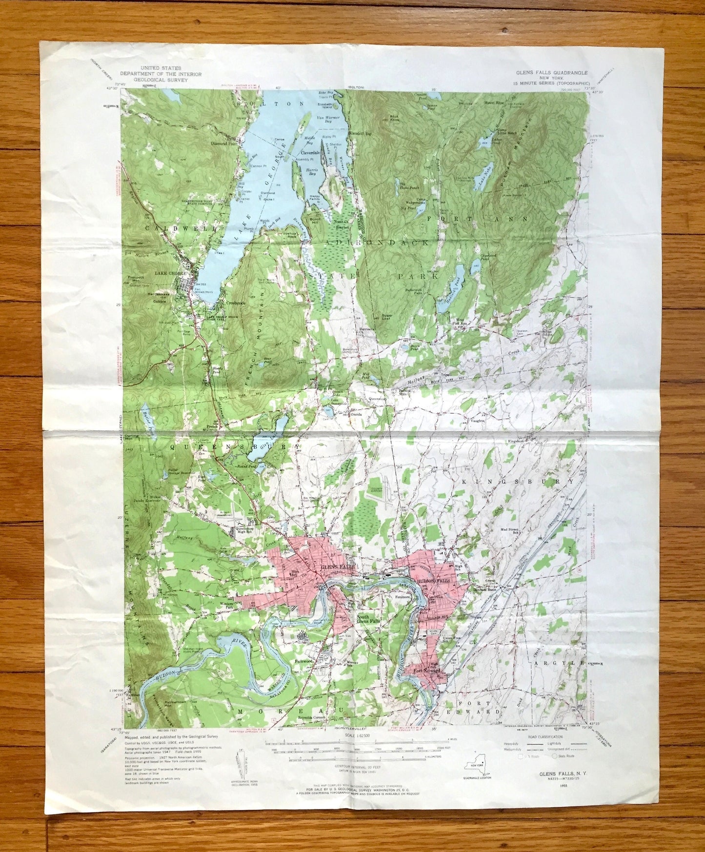 Antique Glens Falls, New York 1955 US Geological Survey Topographic Map – Adirondacks, Lake George, Hudson Falls, Caldwell, Fort Edward, NY