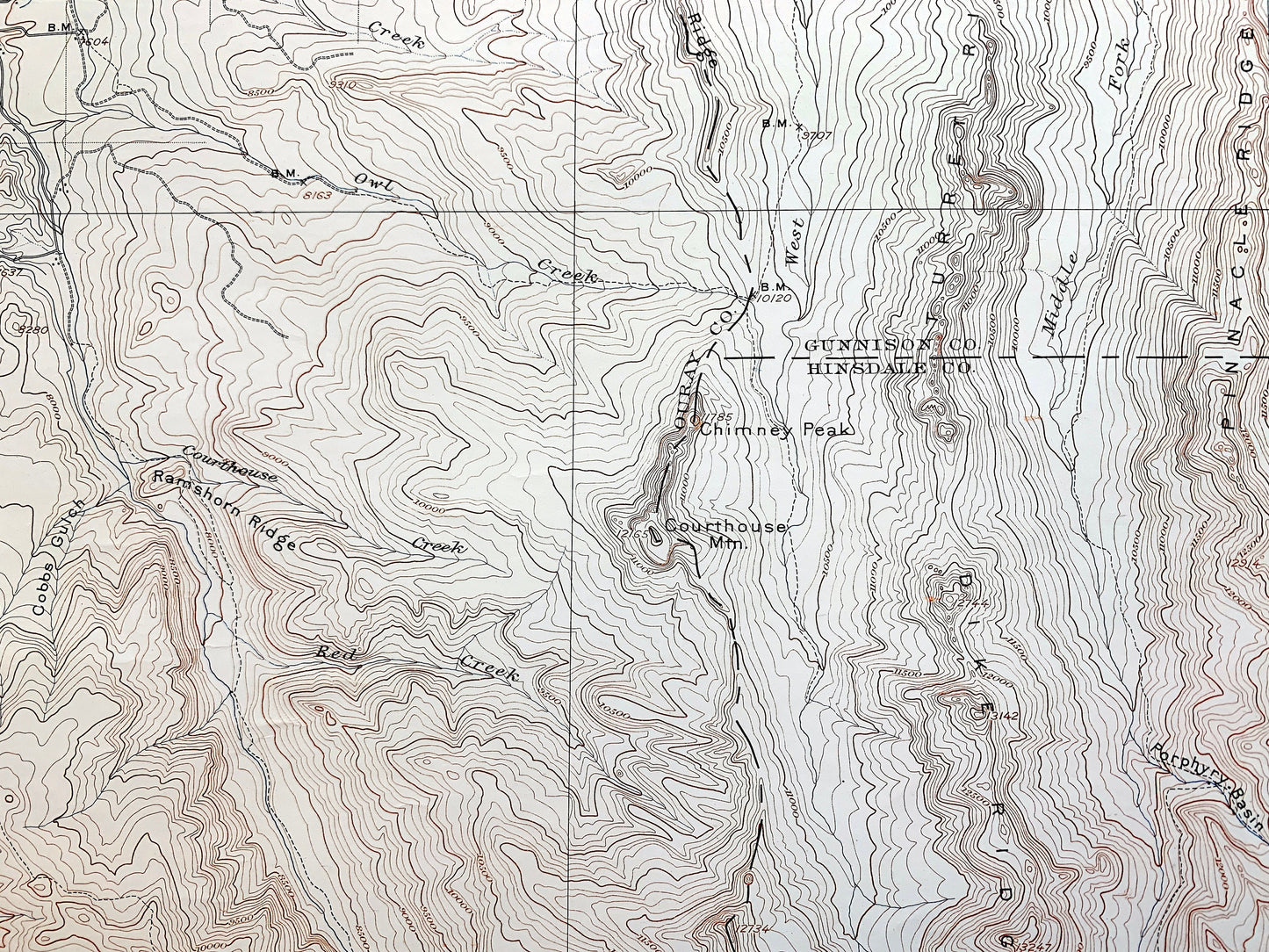 Antique Ouray, Colorado 1904 US Geological Survey Topographic Map – Uncompahgre National Forest, Gunnison, Hinsdale County, Chimney Peak