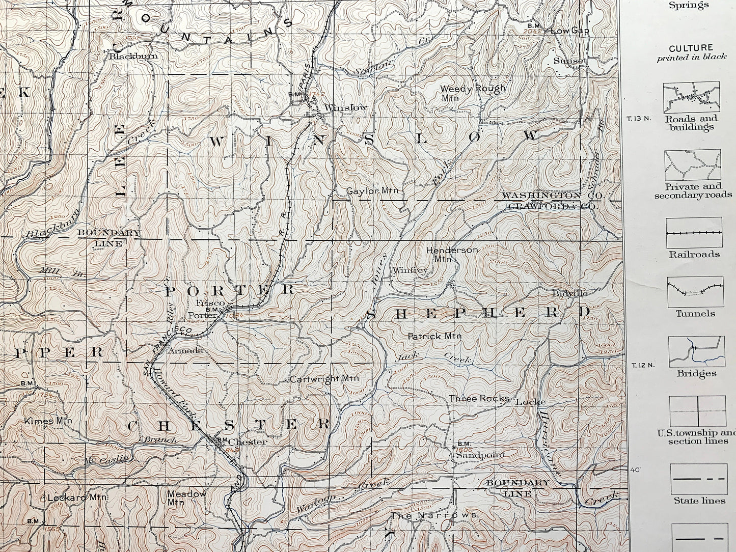 Antique Winslow, Arkansas 1901 US Geological Survey Topographic Map – Washington, Crawford County, White River, Boston Mountains, Jasper AR