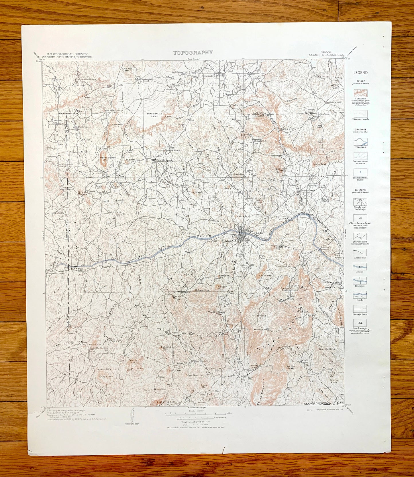 Antique Llano, Texas 1911 US Geological Survey Topographic Map – San Saba, Mason County, Cherokee, Pontotoc, Taylorsville, Lone Grove TX