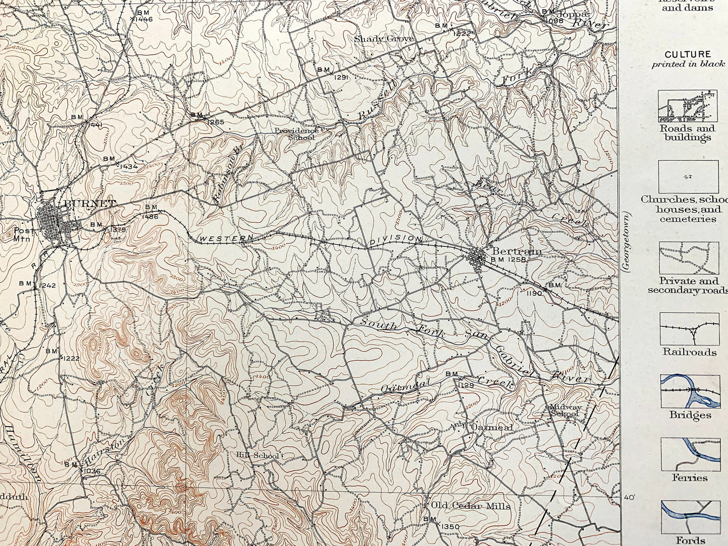 Antique Burnet, Texas 1909 US Geological Survey Topographic Map – San Saba, Llano, Williamson, Travis County, Marble Falls, Kingsland, TX