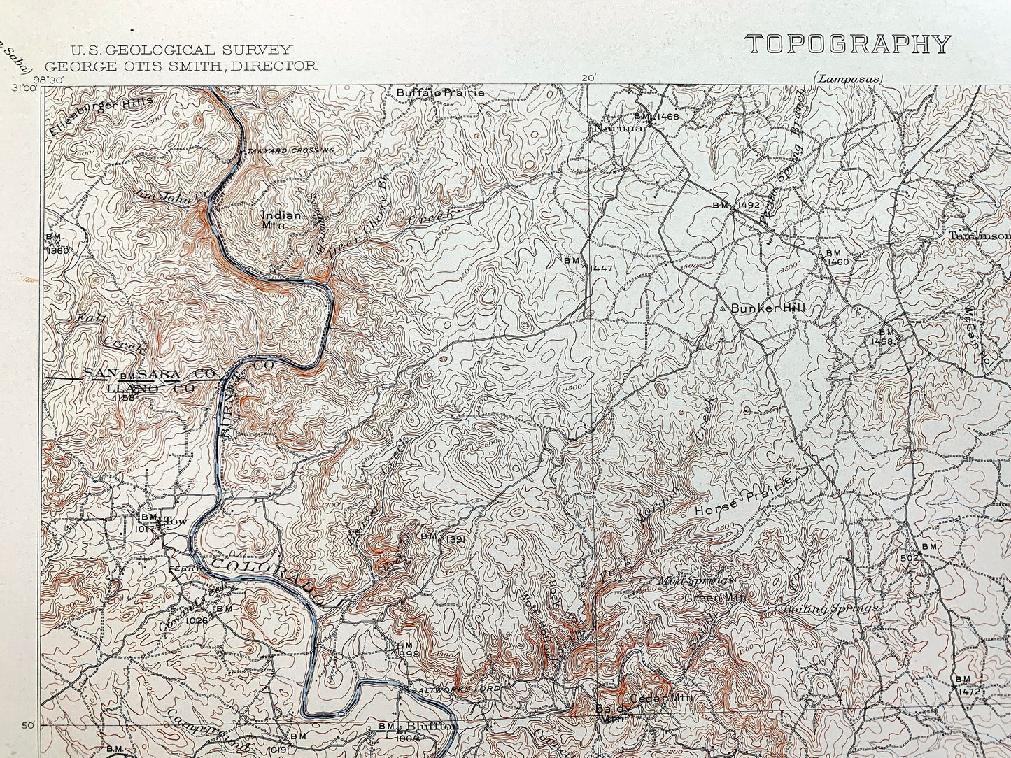 Antique Burnet, Texas 1909 US Geological Survey Topographic Map – San Saba, Llano, Williamson, Travis County, Marble Falls, Kingsland, TX
