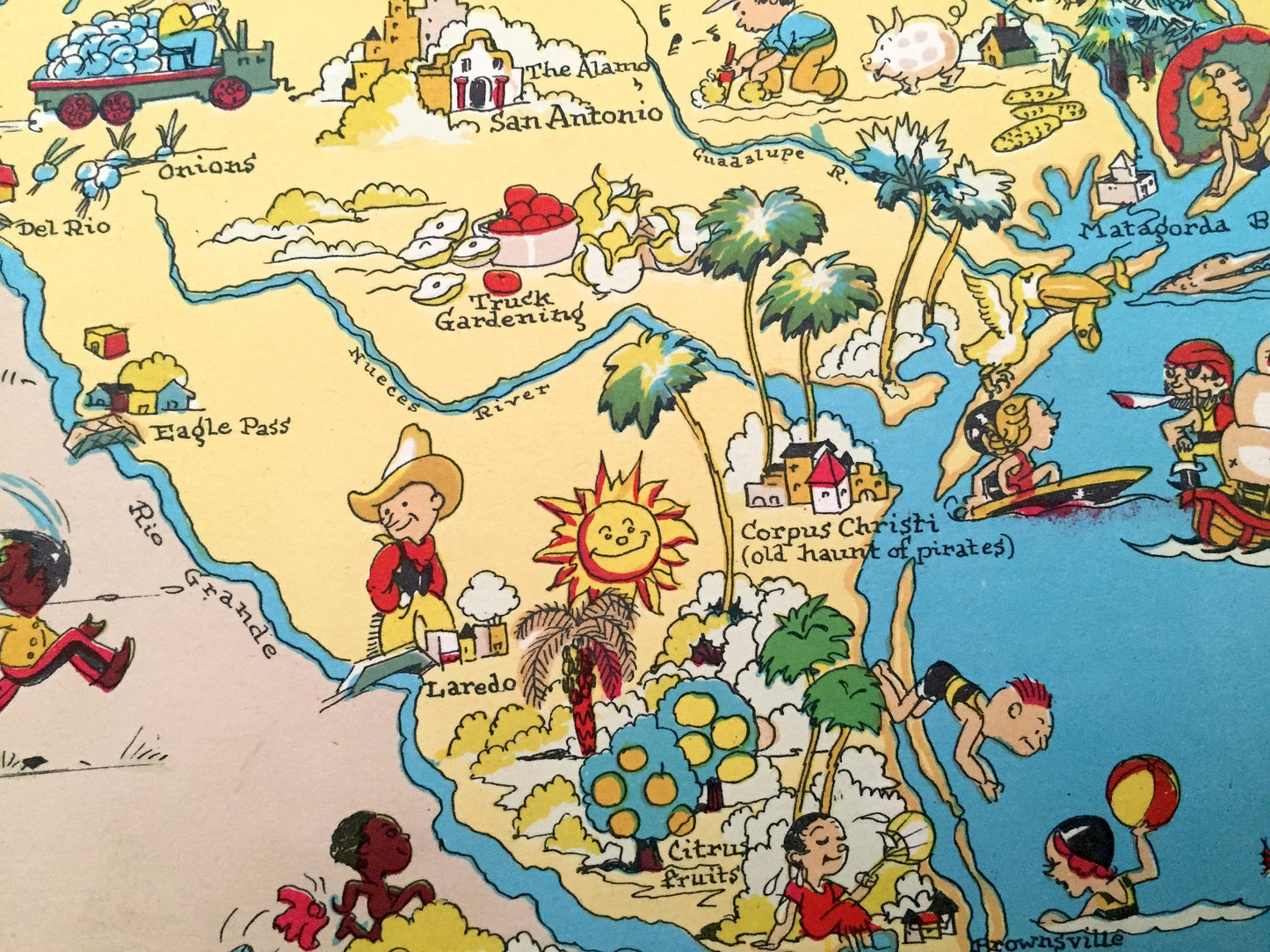 Antique 1935 Texas State Map from Our Gay Geography by Ruth Taylor – Houston, San Antonio, Dallas, Austin, Fort Worth, El Paso, Arlington TX