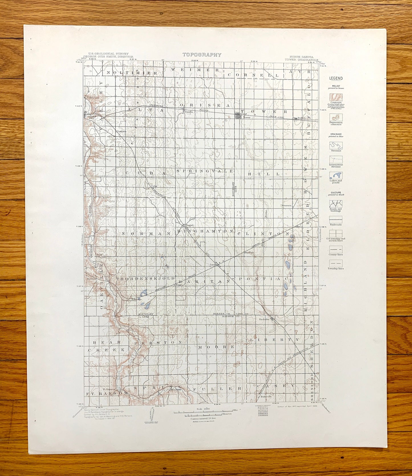 Antique Tower City, North Dakota 1897 US Geological Survey Topographic Map – Cass, Barnes, Ransom County, Valley City, Buffalo, Oriska ND