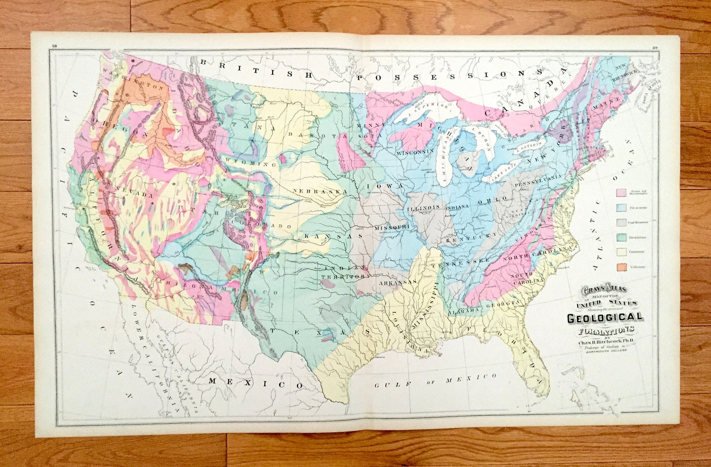 Antique 1874 Geological Formations Map of the United States from O.W. Gray's Atlas of the United States; Stedman, Brown & Lyon — USA America