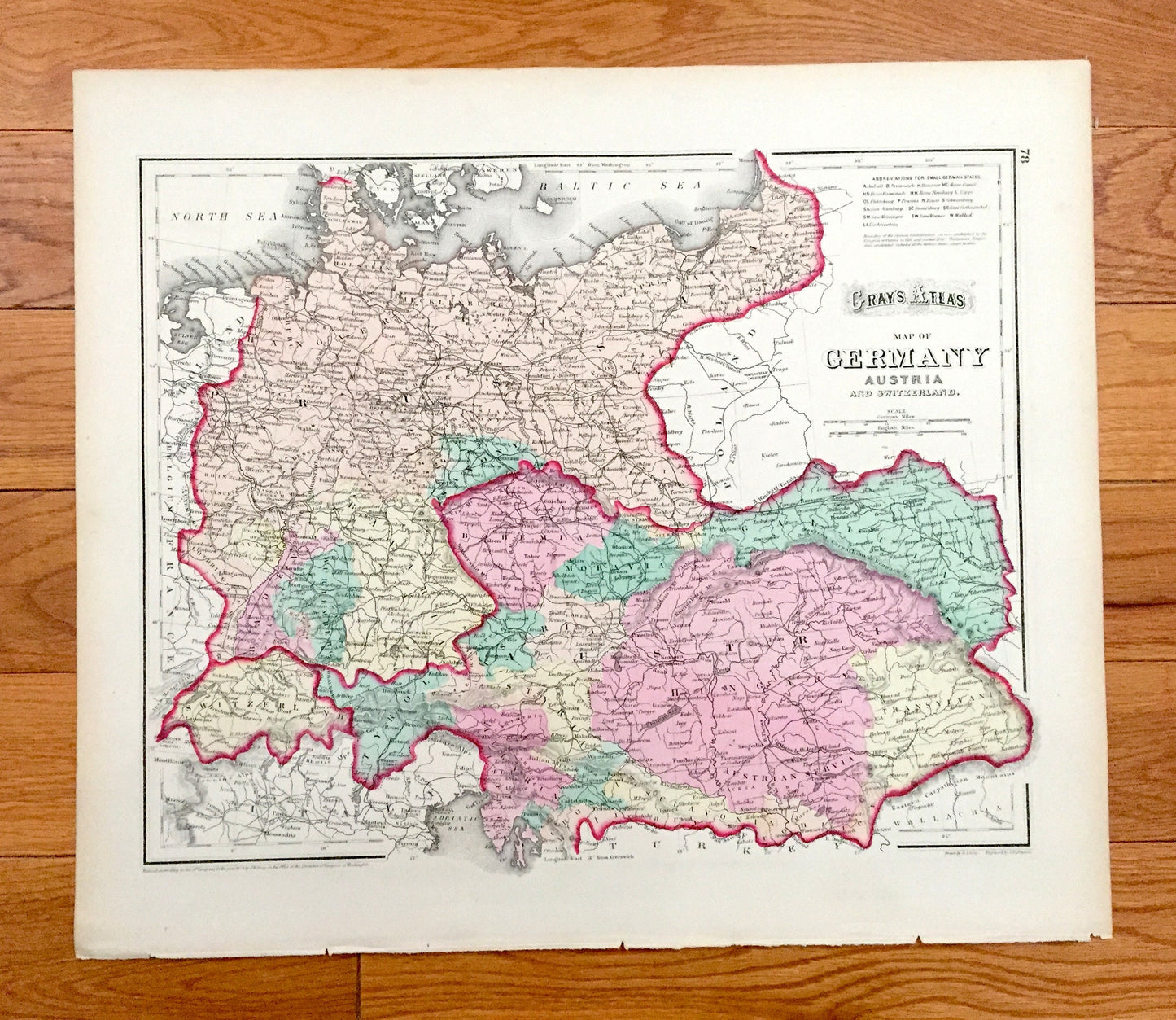 Antique 1874 British Isles / Germany and Austria Map from O.W. Gray's Atlas of United States of America; Stedman, Brown & Lyon – Switzerland