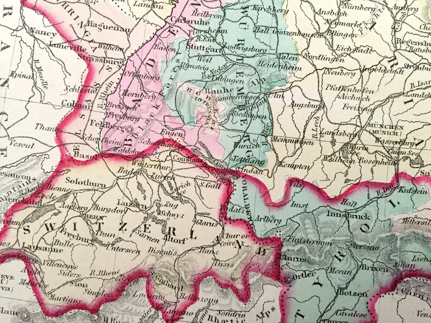 Antique 1874 British Isles / Germany and Austria Map from O.W. Gray's Atlas of United States of America; Stedman, Brown & Lyon – Switzerland