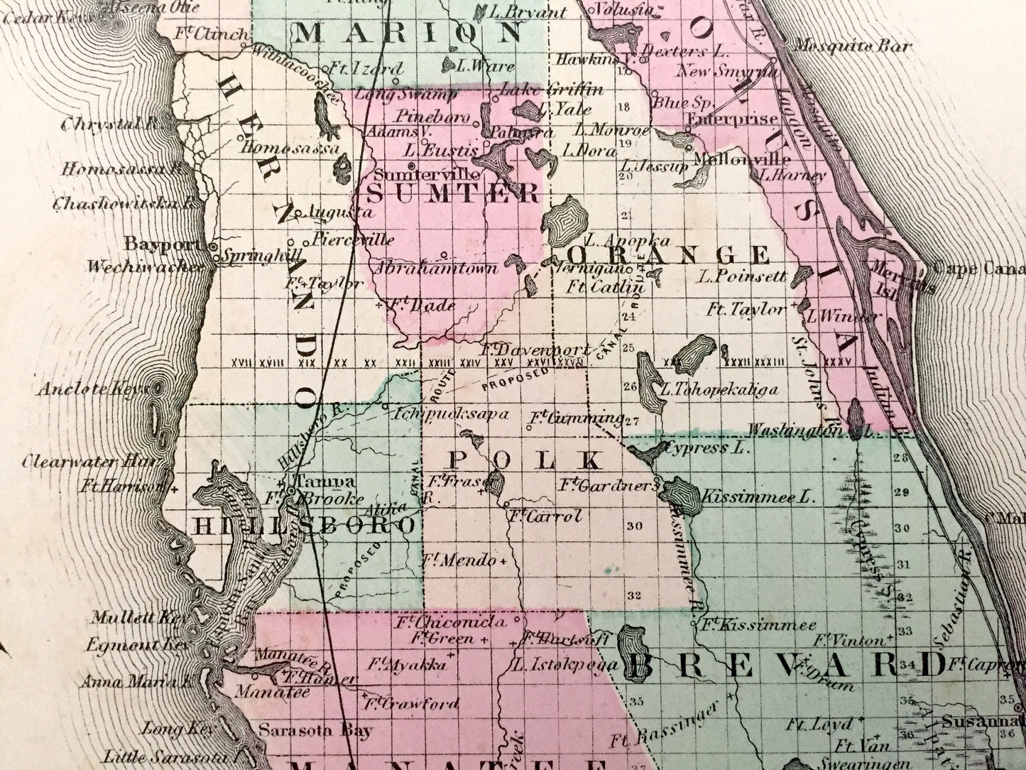 Antique 1874 Florida / Alabama State Map from O.W. Gray's Atlas of United States of America; Stedman, Brown & Lyon – Key West, Miami Beach