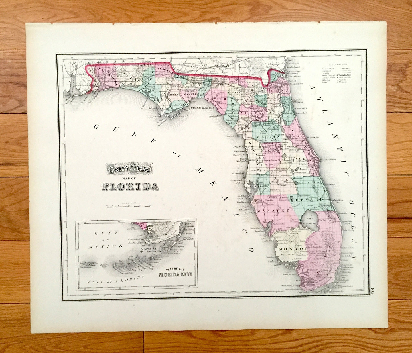 Antique 1874 Florida / Alabama State Map from O.W. Gray's Atlas of United States of America; Stedman, Brown & Lyon – Key West, Miami Beach